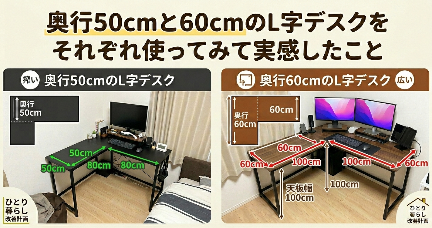 奥行50cmと60cmのL字デスクをそれぞれ使ってみて実感したこと